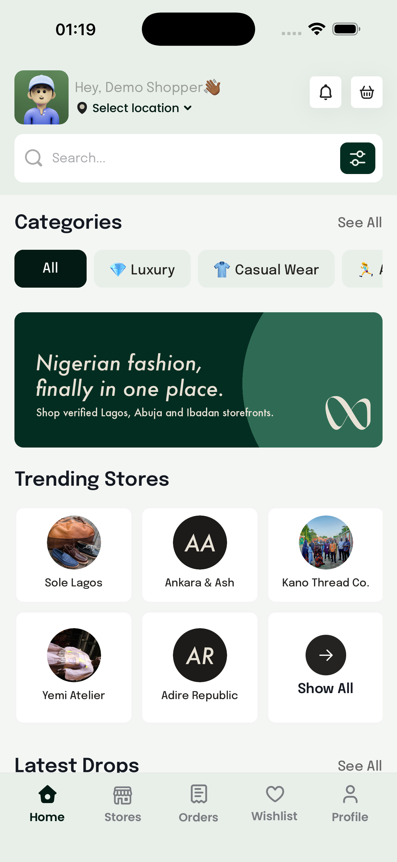 The Nuveta home screen: a greeting, a search field, a row of category filters, trending storefronts and the latest-drops grid with Naira prices.