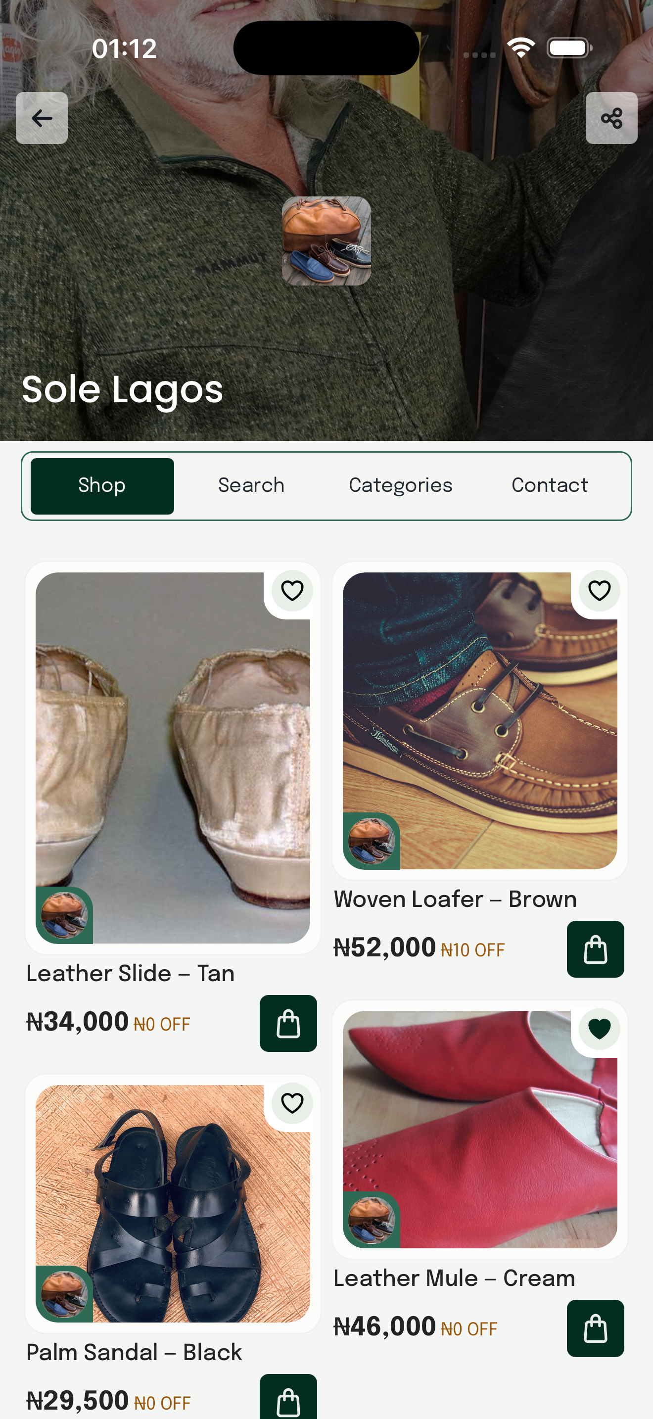 The Sole Lagos storefront: banner, Shop/Search/Categories/Contact tabs, and a grid of leather sandals and loafers with Naira prices.