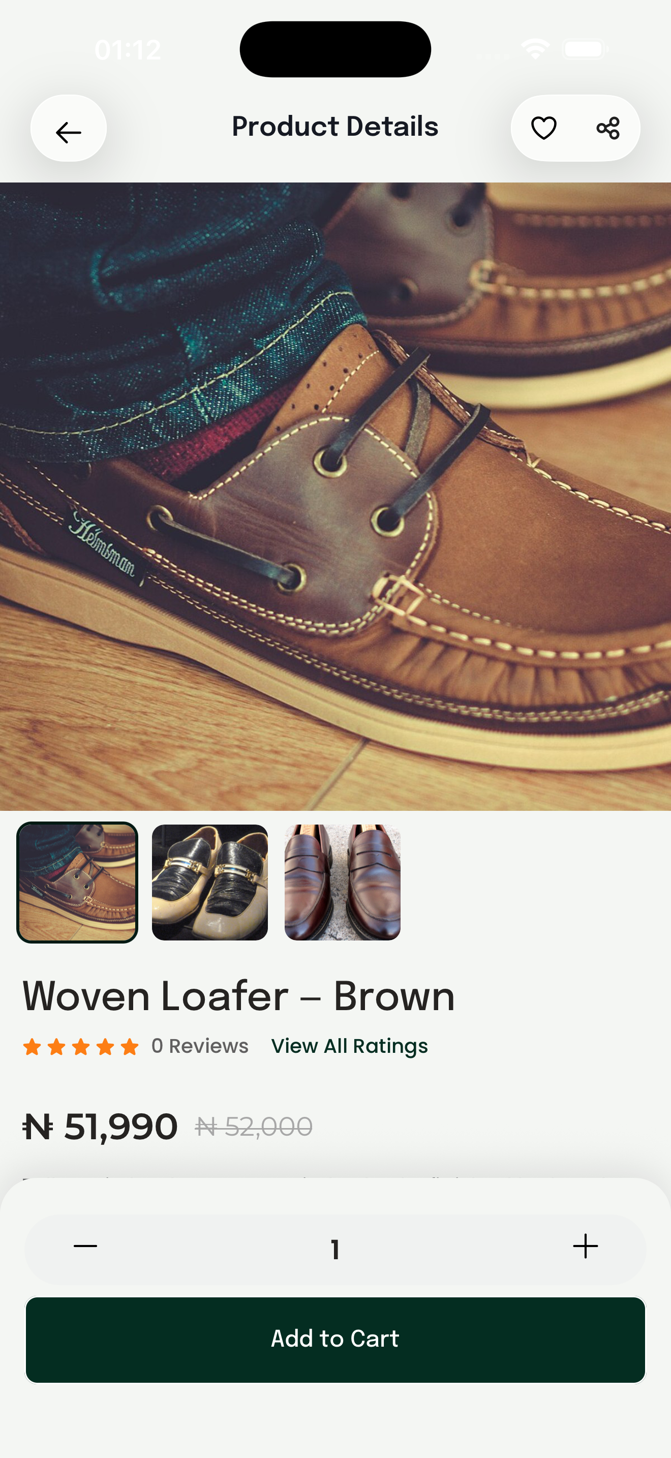 A product page for Leather Slide — Tan: photo gallery, rating, Naira price, a row of selectable sizes, a quantity stepper and Add to Cart.