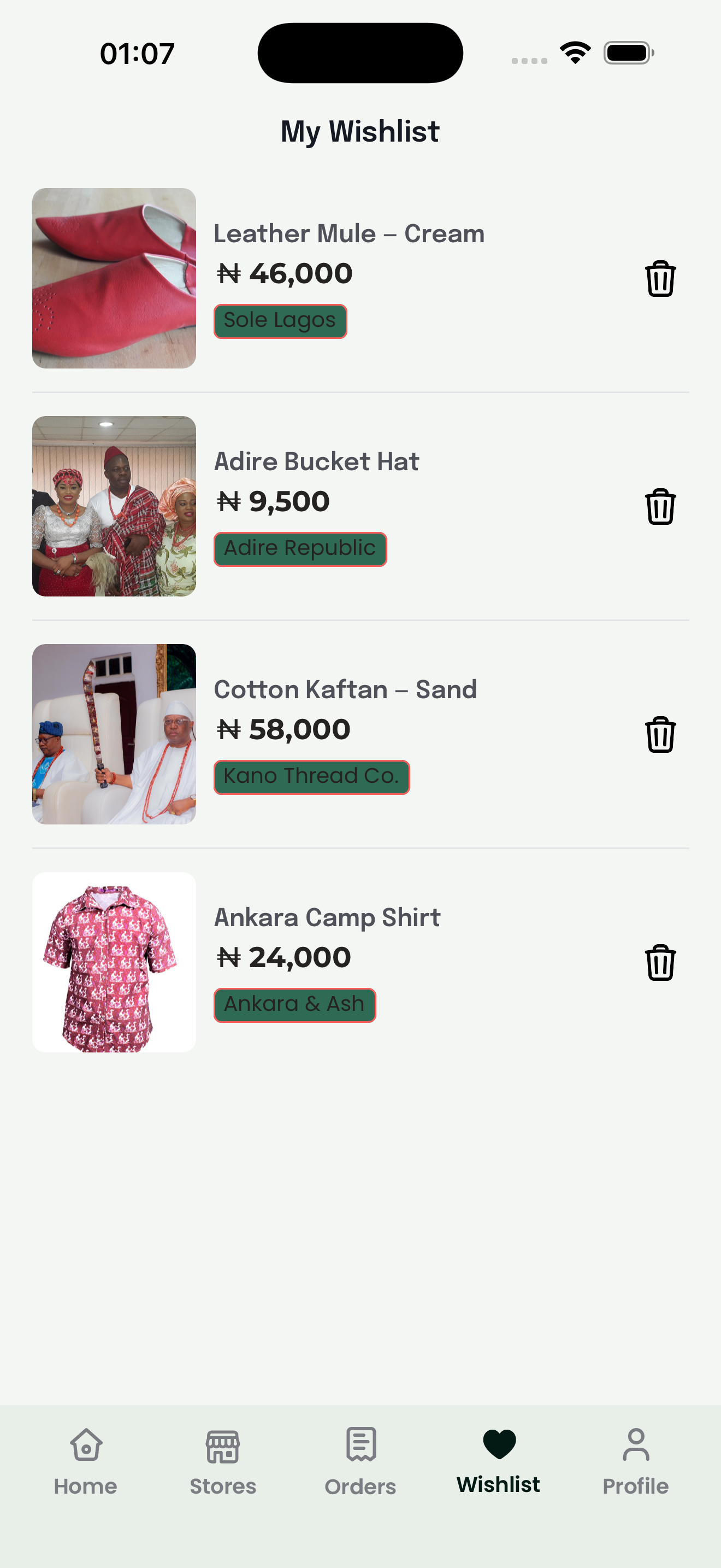 The wishlist screen: four saved items, each with its photo, Naira price, the storefront it came from and a remove button.