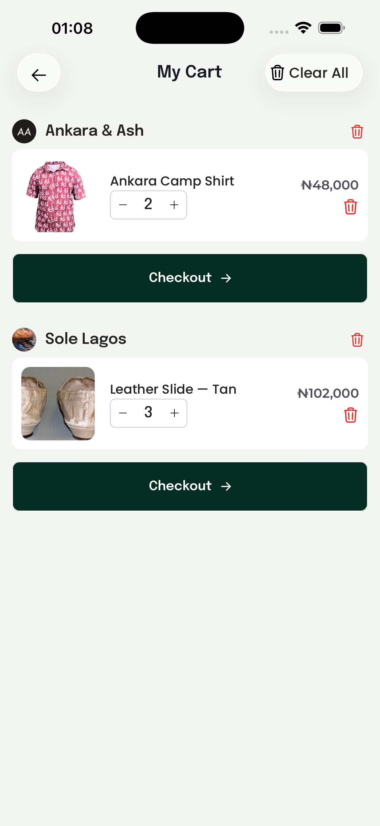 The cart, grouped by storefront: items from Ankara & Ash and Sole Lagos in separate blocks, each with its own subtotal.