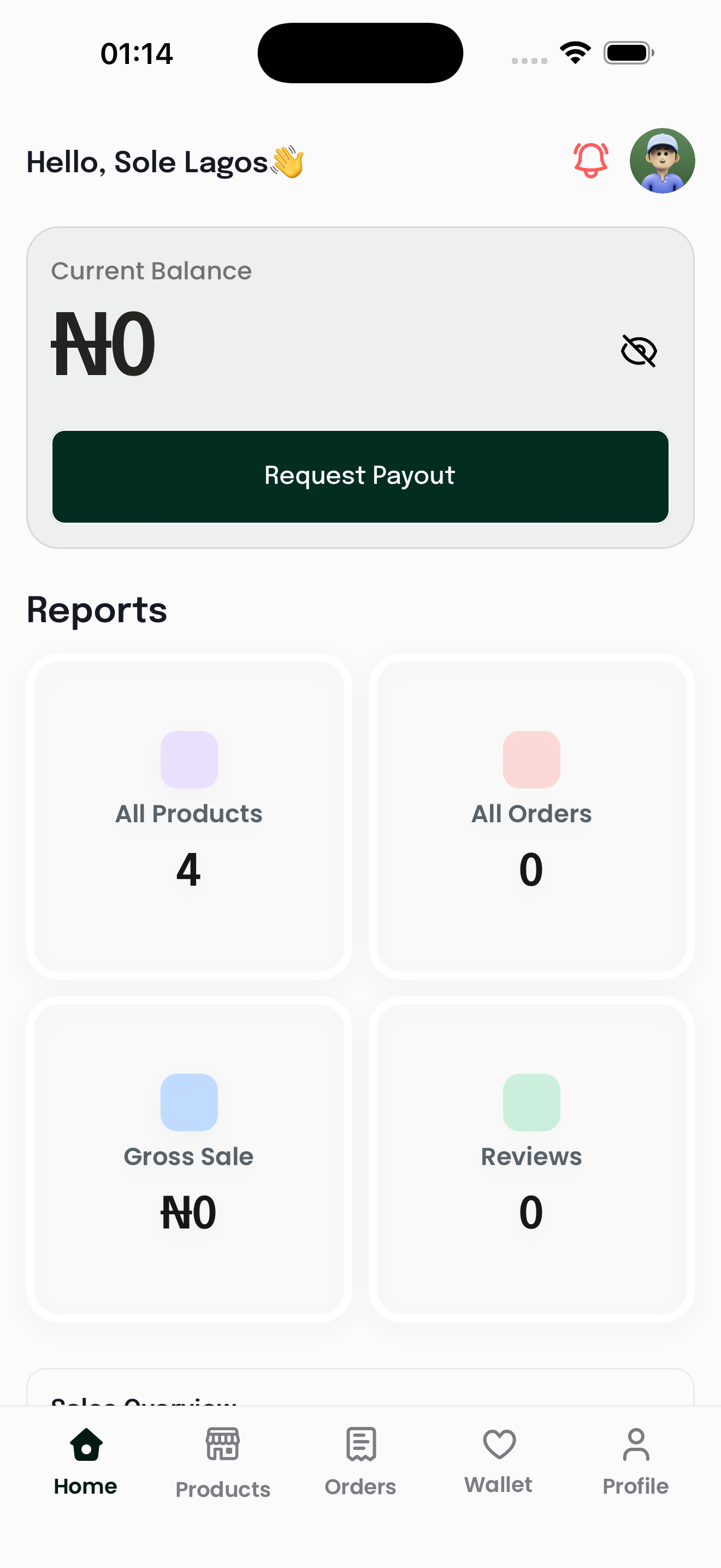 The vendor dashboard for Sole Lagos: current balance, a Request Payout button, reports and a product count.