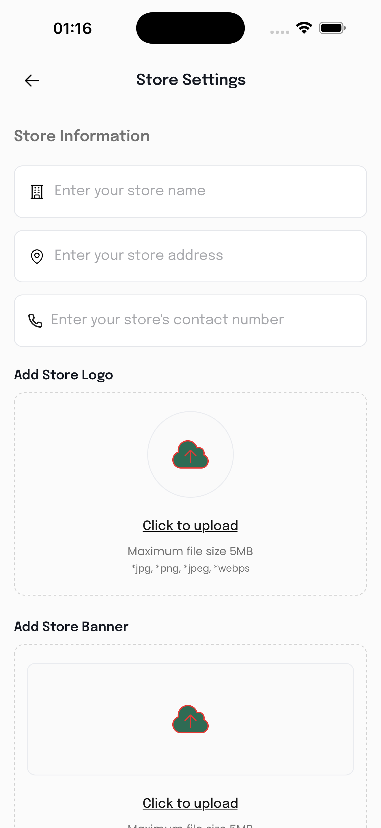 Vendor storefront settings: store information, plus upload areas for the store logo and banner.