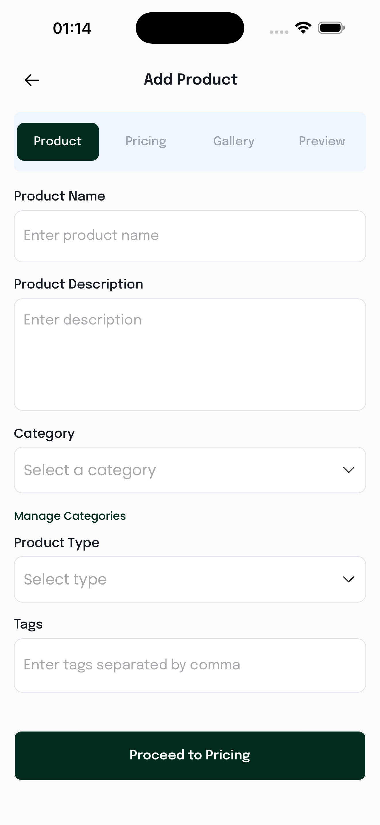 The vendor add-product form: Product, Pricing, Gallery and Preview steps with name and description fields.