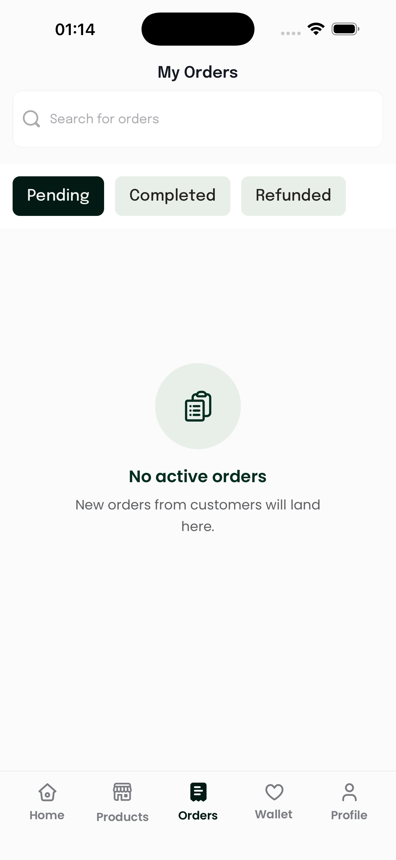 The vendor orders screen with Pending and Completed tabs.